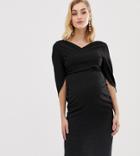 Asos Design Maternity Minimal Drape Front Pencil Dress With Cowl Back Sleeve Detail-black