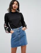 Asos Top With Embroidered Sleeve - Black