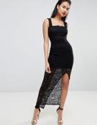Asos Square Neck Lace Maxi Dress With Thigh Split - Black