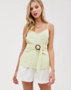Asos Design Linen Cami With Wrap Around Waist And Buckle Detail-green
