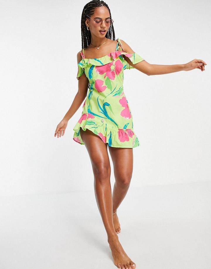 Asos Design Frill Detail Cami Beach Dress In Floral Print-multi