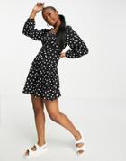 Asos Design Square Neck Long Sleeve Mini Skater Dress In Polka Dot Print-multi