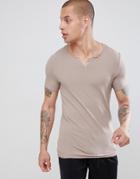 Asos Design Muscle Fit T-shirt With Raw Notch Neck In Beige - Beige