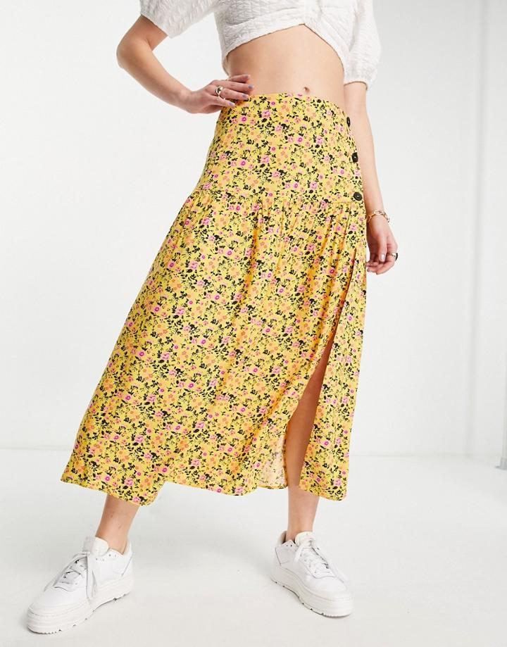 Asos Design Button Side Midi Skirt In Yellow Ditsy Floral-multi