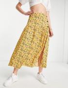 Asos Design Button Side Midi Skirt In Yellow Ditsy Floral-multi