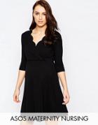 Asos Maternity Tall Nursing Scallop Wrap Skater Dress With Short Sleeve - Black