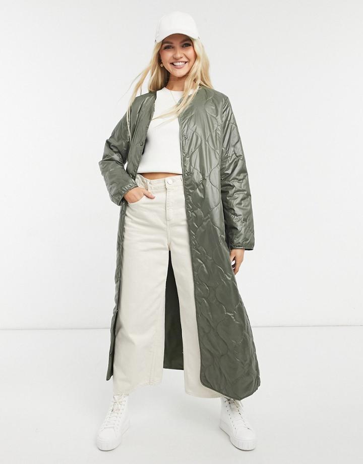 Only Extra Long Quilted Jacket In Khaki-green
