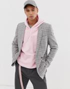 Asos Design Slim Double Breasted Gray Blazer With Pink Prince Of Wales Check - Gray