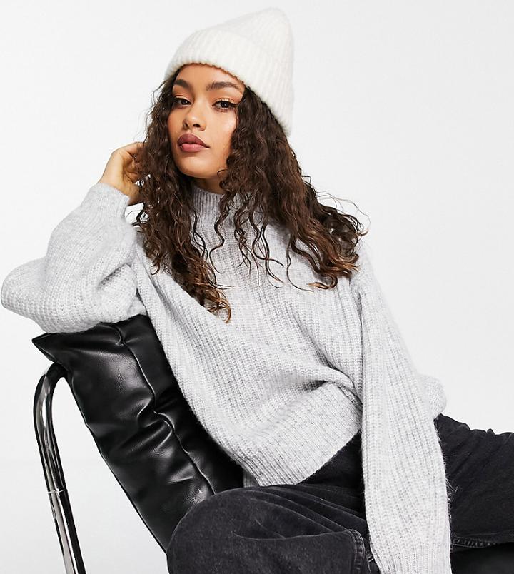 Topshop Petite Waffle Stitch Funnel Sweater In Gray