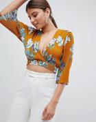 Missguided Floral Plisse Tie Back Crop Top - Yellow