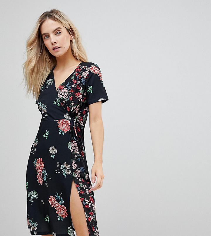 Asos Petite Midi Wrap Dress In Mixed Floral Print - Multi