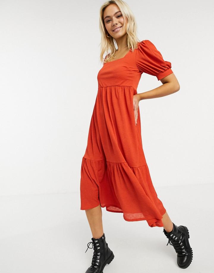 Asos Design Midi Smock Dress With Square Neck In Rust-orange