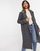 Helene Berman Long Length Faux Fur Trim Wool Blend Coat In Gray