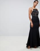 Jarlo Lace Top Open Back Fishtail Maxi Dress In Black