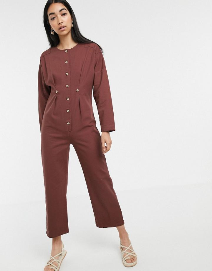 Asos Design Denim Relaxed Jumpsuit-brown