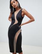 Asos Design Cut Out Rhinestone Mesh Detail Midi Bodycon Dress - Black