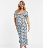 Asos Design Maternity Flutter Sleeve Midi Tea Dress In Blue Floral And Dot Print-multi