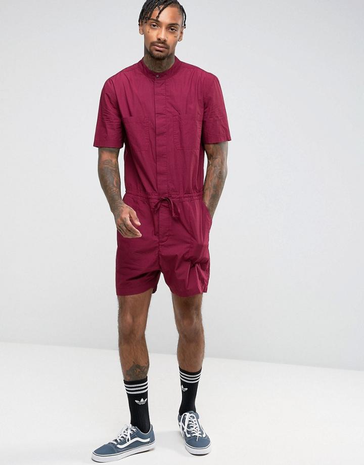 Asos Slim Short Jumpsuit With Grandad Collar In Burgundy - Red