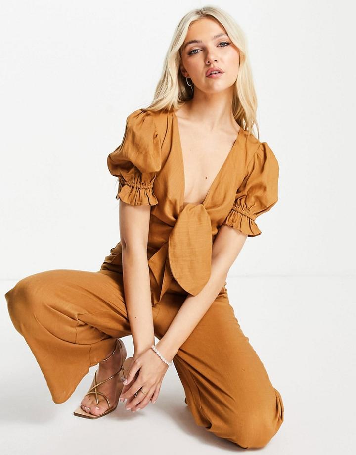 Skylar Rose Tie Front Linen Jumpsuit In Tan-brown
