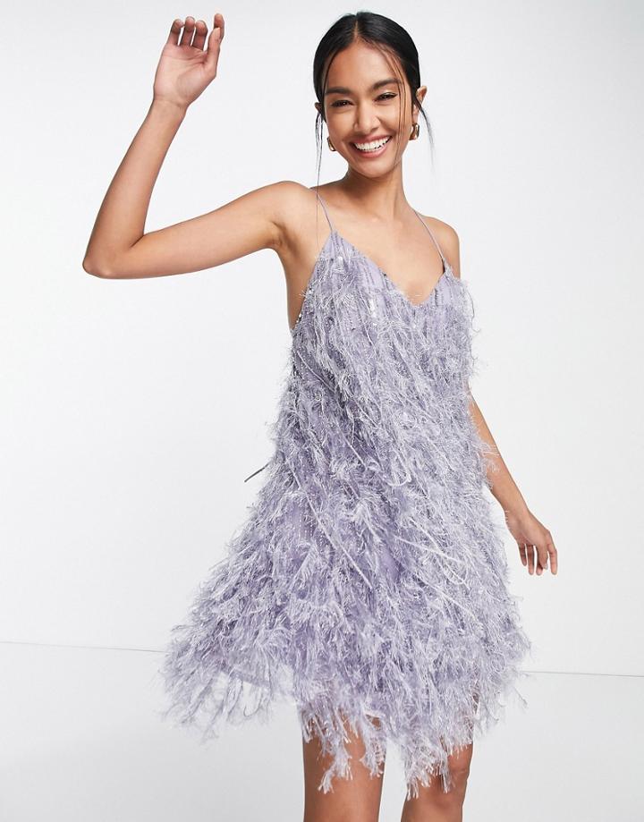 Asos Edition Feather & Sequin Mini Dress With Low Back In Lilac-purple