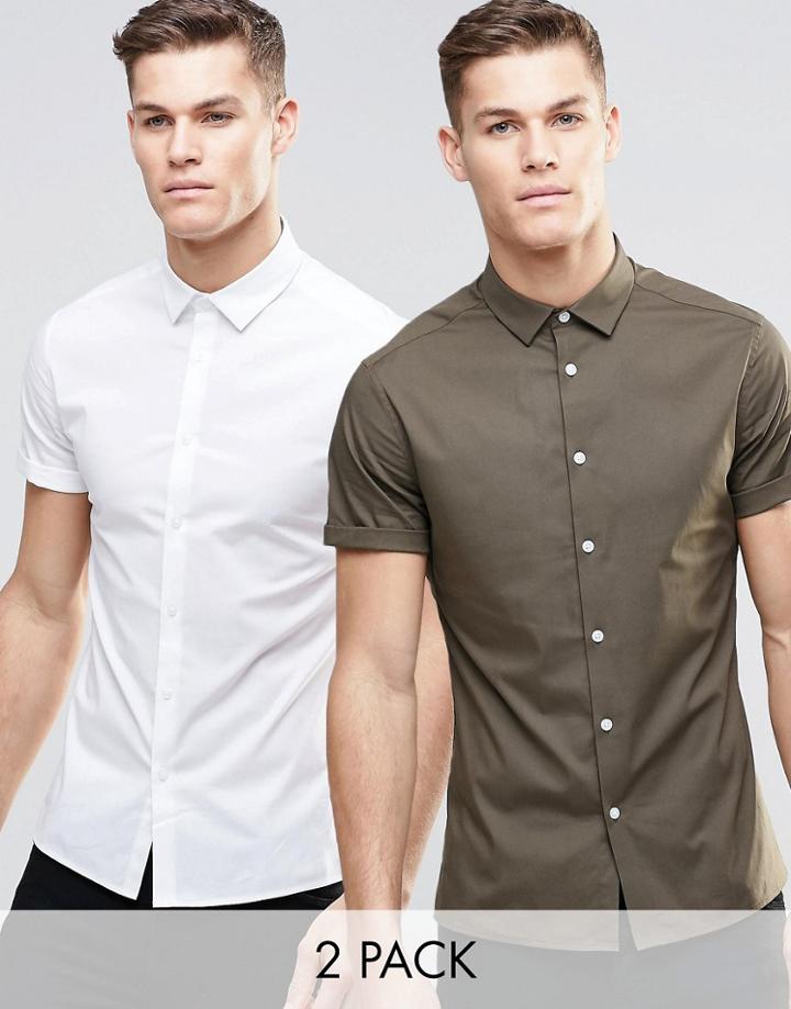 Asos Skinny Shirt In White And Khaki With Short Sleeves 2 Pack Save 15%