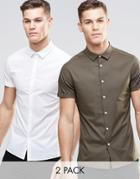 Asos Skinny Shirt In White And Khaki With Short Sleeves 2 Pack Save 15%
