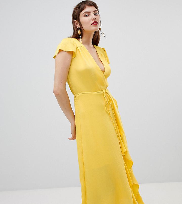 River Island Wrap Front Ruffle Dress - Yellow