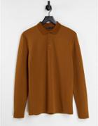 Asos Design Long Sleeve Polo T-shirt In Tan Texture-brown