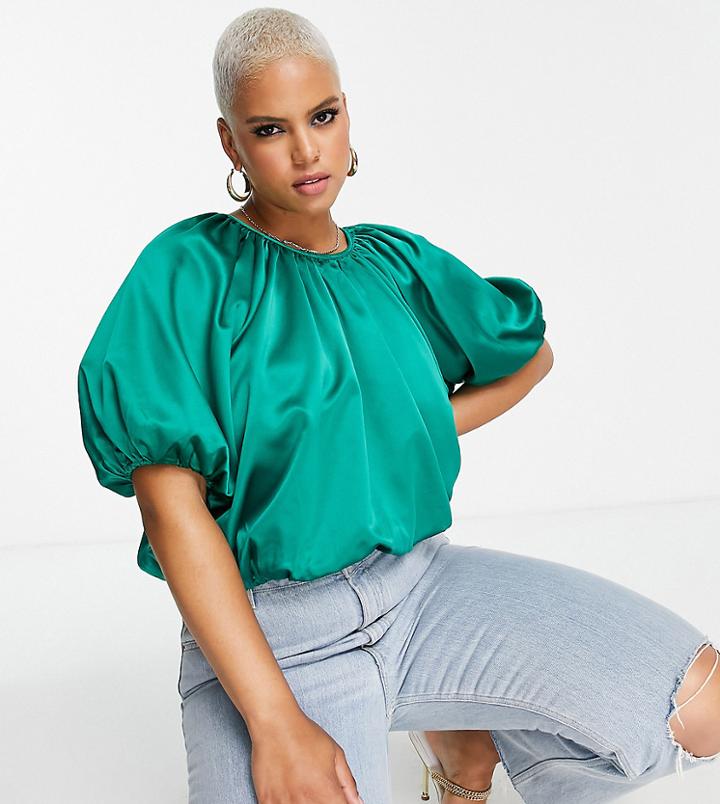 Collective The Label Curve Exclusive Puff Sleeve Crop Top In Emerald - Part Of A Set-green