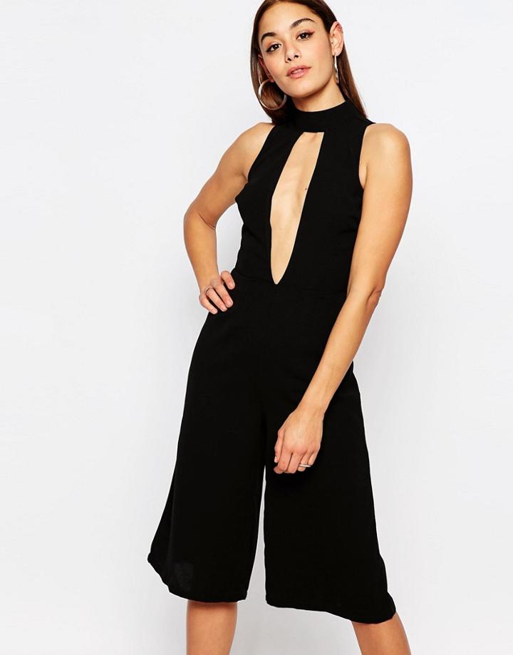 Missguided High Neck Plunge Front Culotte Jumpsuit - Black