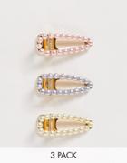 Asos Design Pack Of 3 Hair Clips With Pastel Pearls In Gold Tone