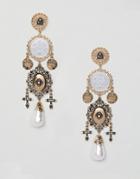 Asos Design Statement Earrings In Vintage Style Coin And Cut Out Design With Pearls In Gold - Gold