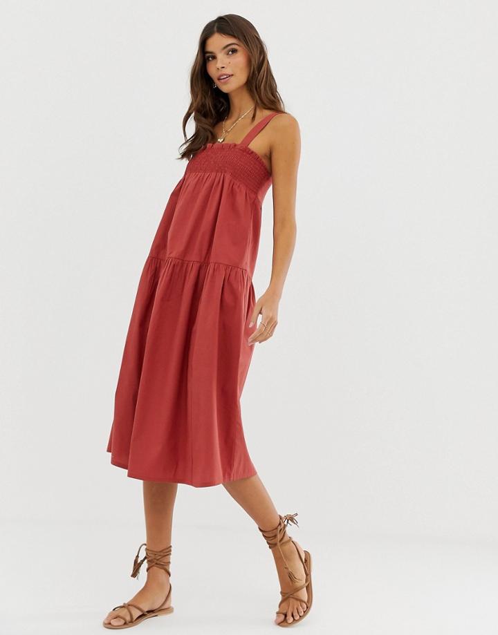 Asos Design Shirred Trapeze Midi Cotton Sundress - Red