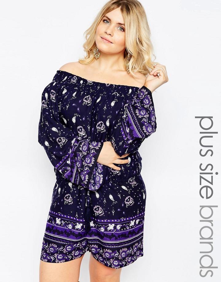 Diya Plus Off The Shoulder Romper With Bell Sleeves In Paisley Print