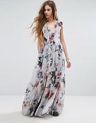 Religion Frill Maxi Dress In Floral Print - Gray