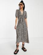 Asos Design Tie Front Button Through Midi Dress In Animal Print-multi