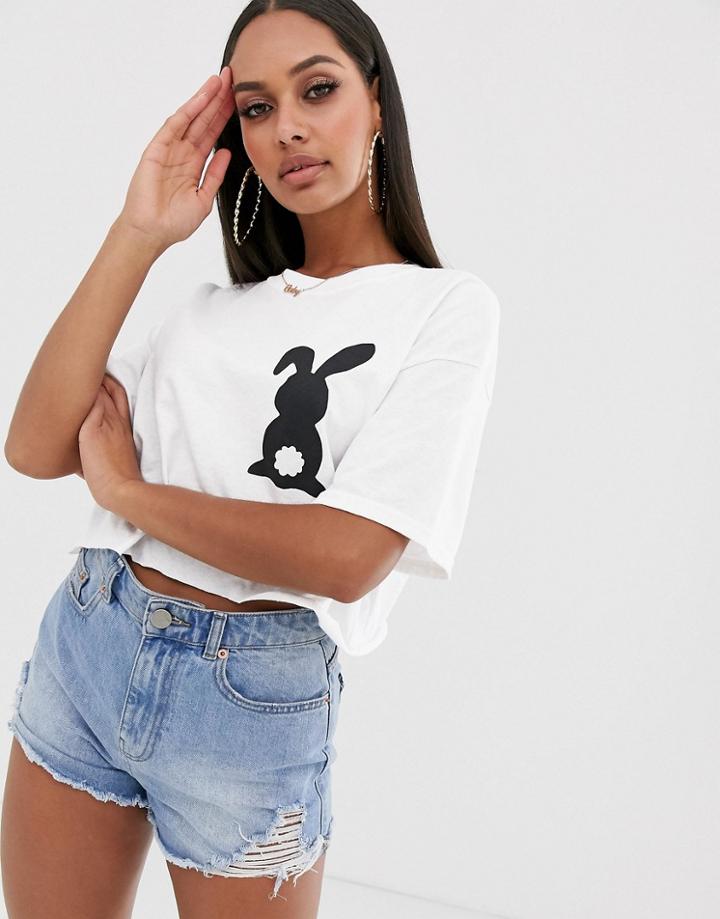New Love Club Bunny Graphic Cropped T-shirt-white