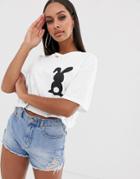 New Love Club Bunny Graphic Cropped T-shirt-white