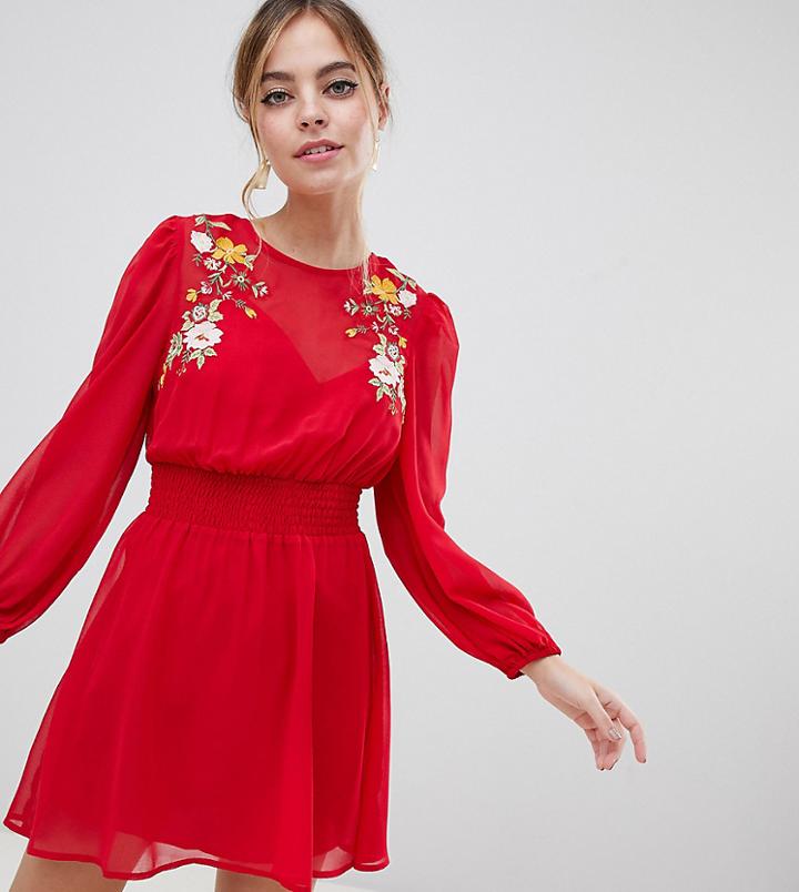 Asos Design Petite Embroidered Mini Skater Dress