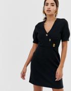 Asos Design Mini Textured Pencil Dress With Faux Horn Buttons - Black