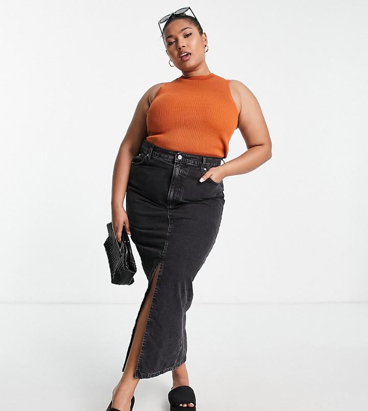Asos Design Curve Organic Denim 90s Maxi Skirt In Washed Black