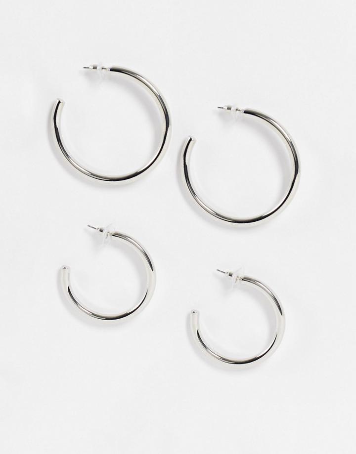 Asos Design Pack Of 2 Hoop Earrings In Slim Tube In Silver Tone