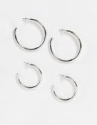 Asos Design Pack Of 2 Hoop Earrings In Slim Tube In Silver Tone