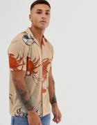 Asos Design Relaxed Button Through Revere Collar Polo With All Over Print In Linen Look - Beige