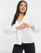 Asos Design Ruffle Collar Blouse With Broderie Trim In Ivory-white