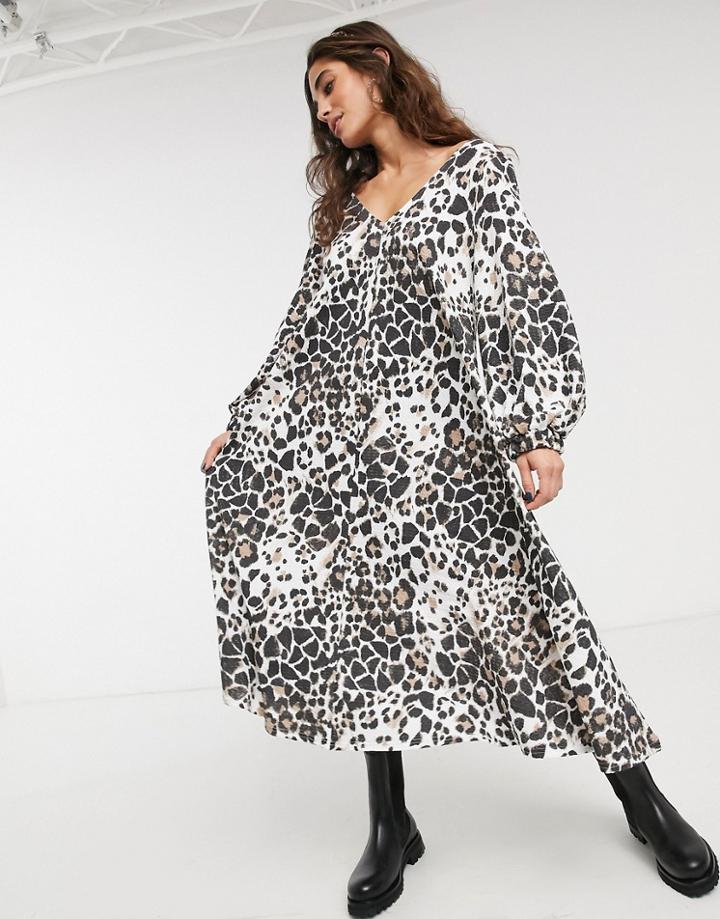 Asos Design Textured Midi V Neck Swing Dress In Animal Print-multi