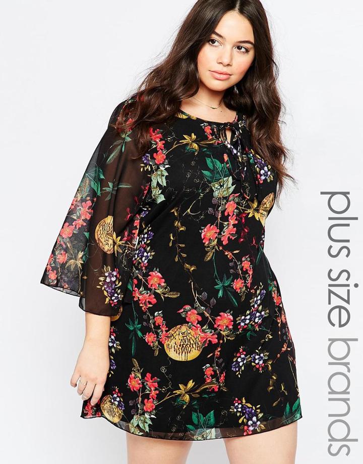 Yumi Plus Shift Dress With Flutter Sleeves In Floral Print - Black