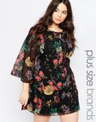 Yumi Plus Shift Dress With Flutter Sleeves In Floral Print - Black