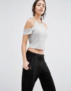New Look Ribbed Cold Shoulder Top - Gray