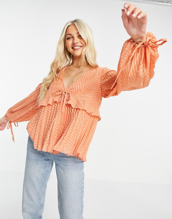 Asos Design Sheer V Neck Top With Frill And Tie Waist Detail In Apricot-white